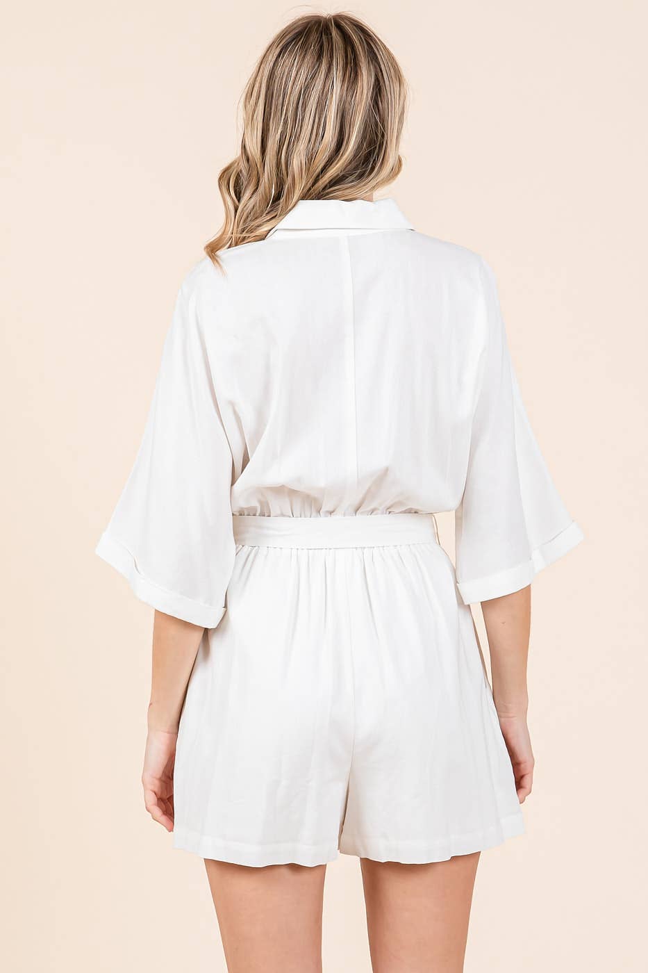 LINEN TIE BELT BUTTON DOWN COLLARED ROMPER