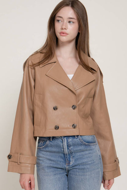 Faux Leather Short Trench Coat