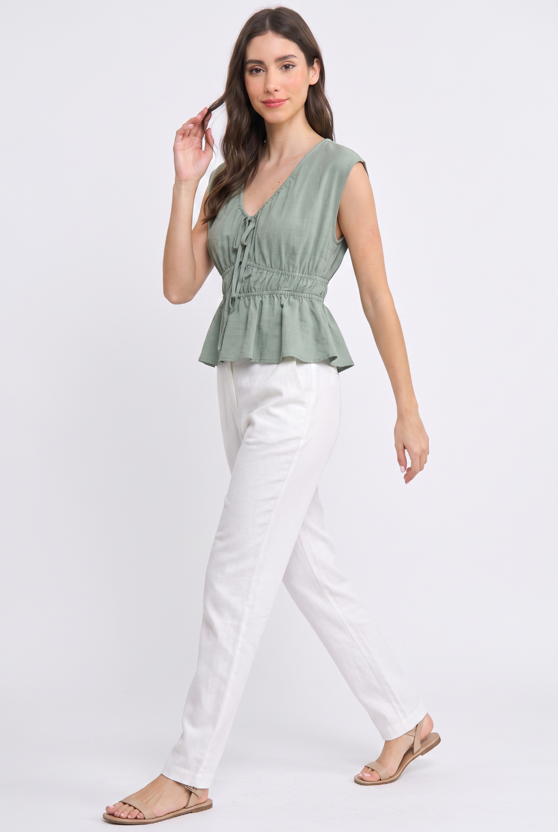 Linen Blend Peplum Cap Sleeve Blouse