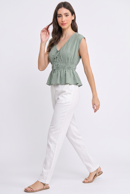 Linen Blend Peplum Cap Sleeve Blouse