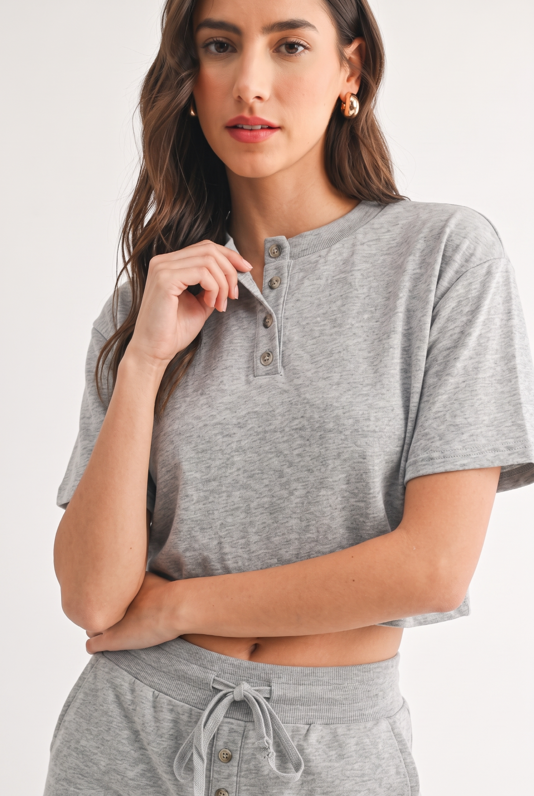 Button-Up Cropped Loungewear Top Set