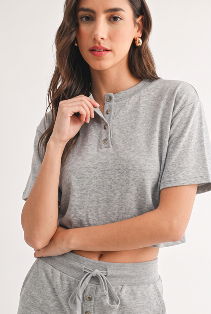 Button-Up Cropped Loungewear Top Set