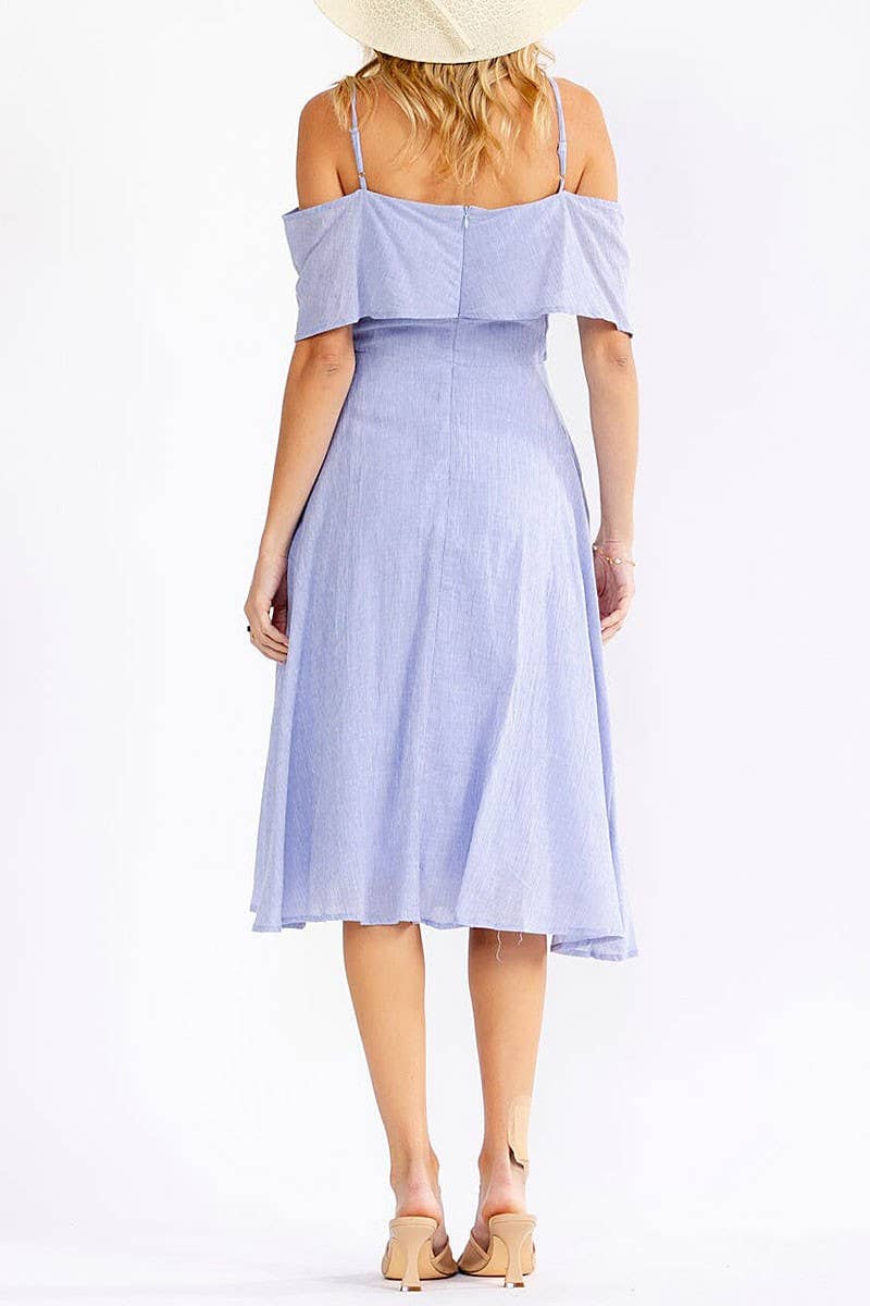 OFF SHOULDER V-NECK FIT FLARE MIDI DRESS