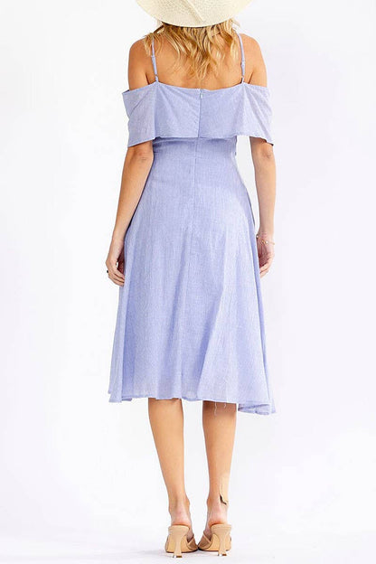 OFF SHOULDER V-NECK FIT FLARE MIDI DRESS