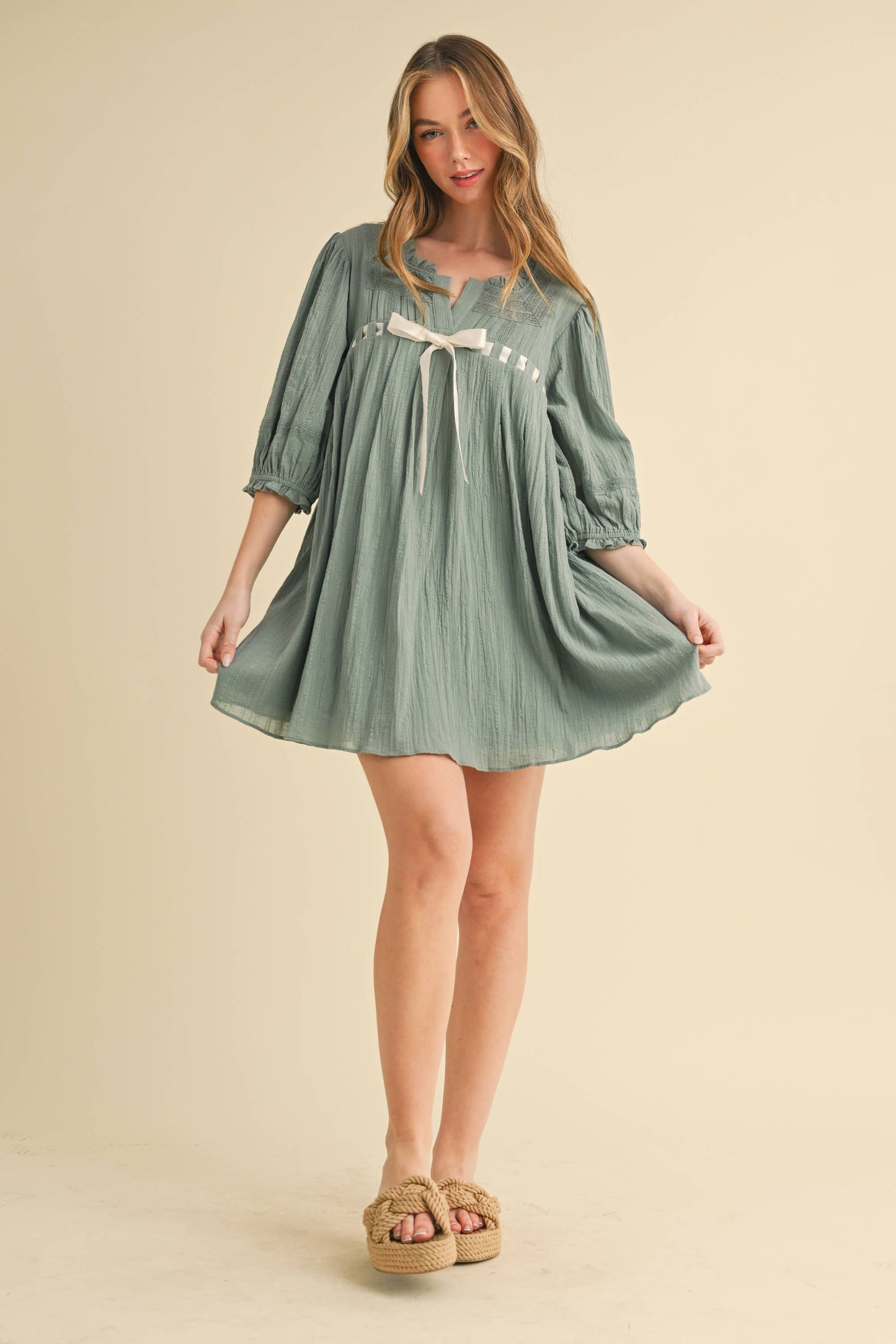 SQUARE-NECK HALF-SLEEVE LACE TRIM DRESS